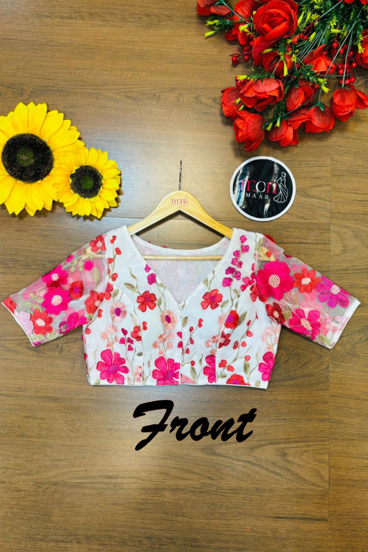 Divine Dahlia 3D Embroidery Net Blouse