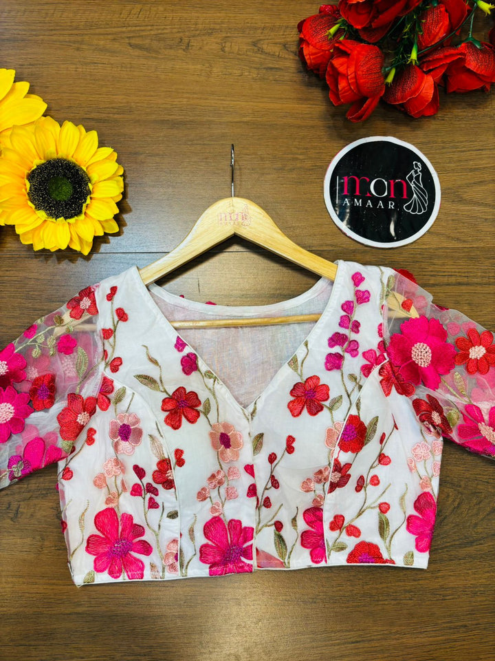 Divine Dahlia 3D Embroidery Net Blouse