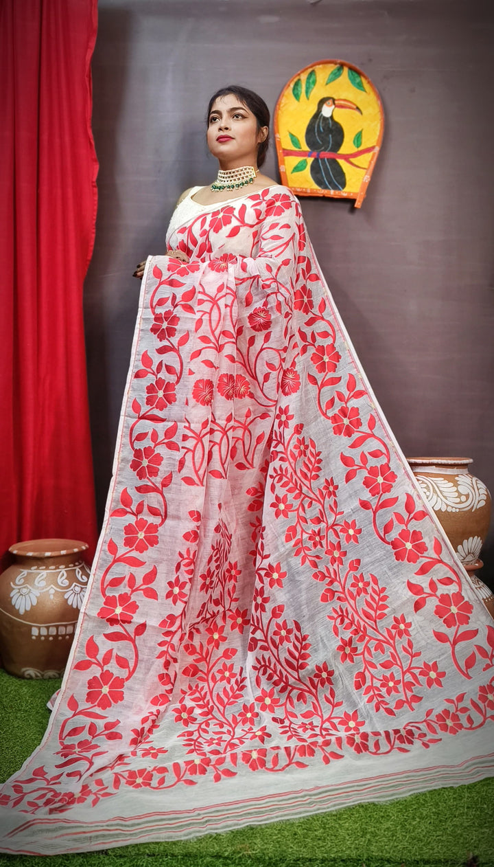 Pushpalata- Flowering Vines Cotton Jamdani Saree