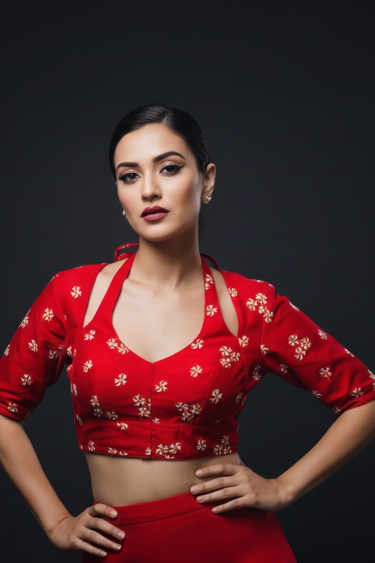 Red Shiuli Masaba Style Vichitra Silk Blouse