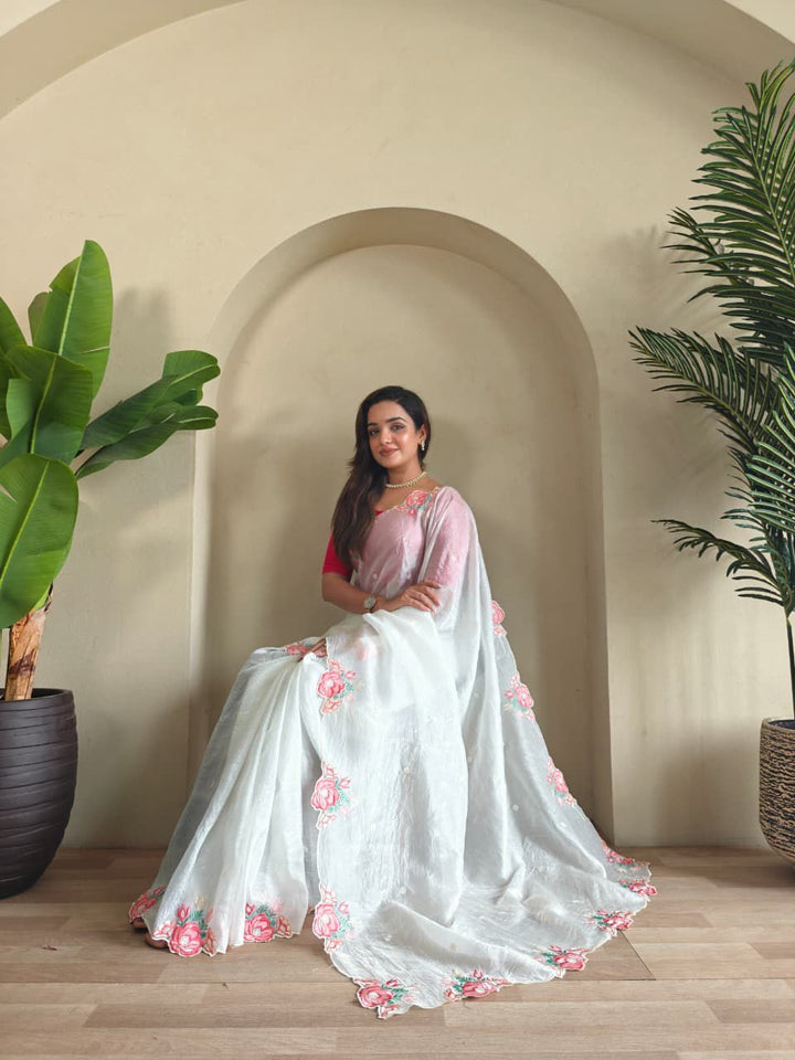 Rose White Crush Silk Saree