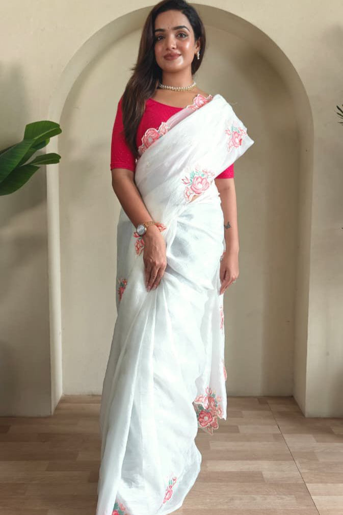 Rose White Crush Silk Saree