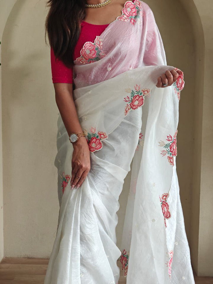 Rose White Crush Silk Saree