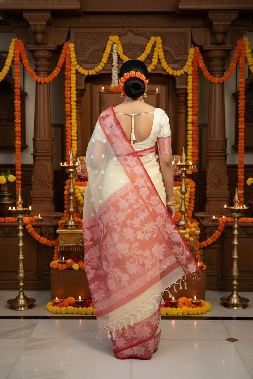 Amber Fall Banarasi Dhakai Kora Organza Saree