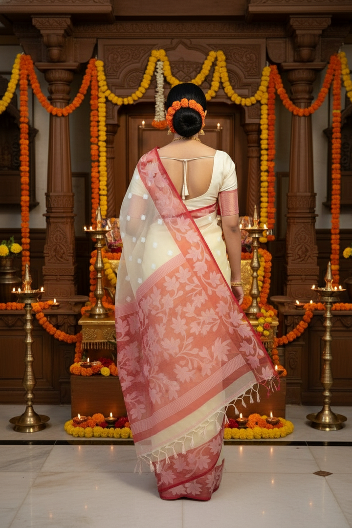 Amber Fall Banarasi Dhakai Kora Organza Saree