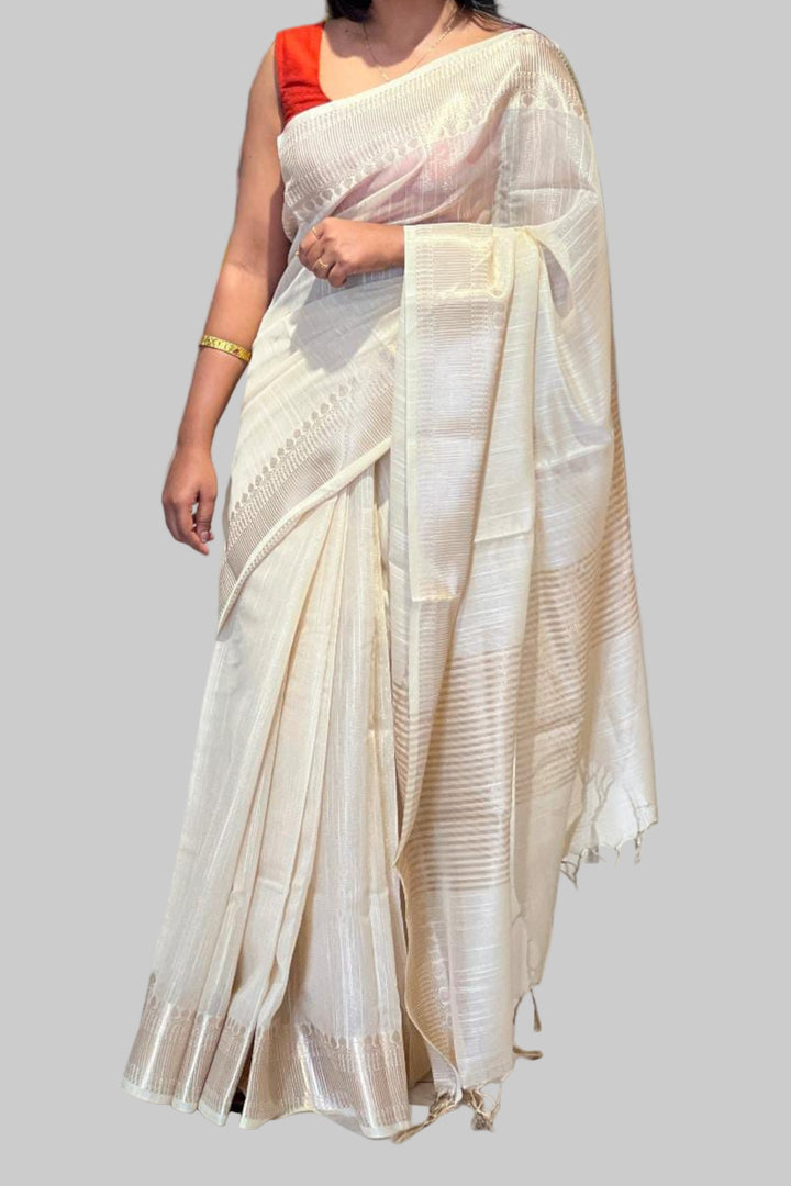 Silvery Light Cotton Linen Banarasi Saree