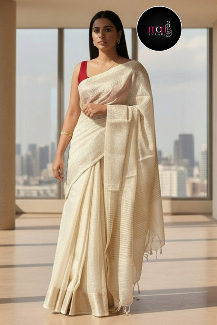Silvery Light Cotton Linen Banarasi Saree