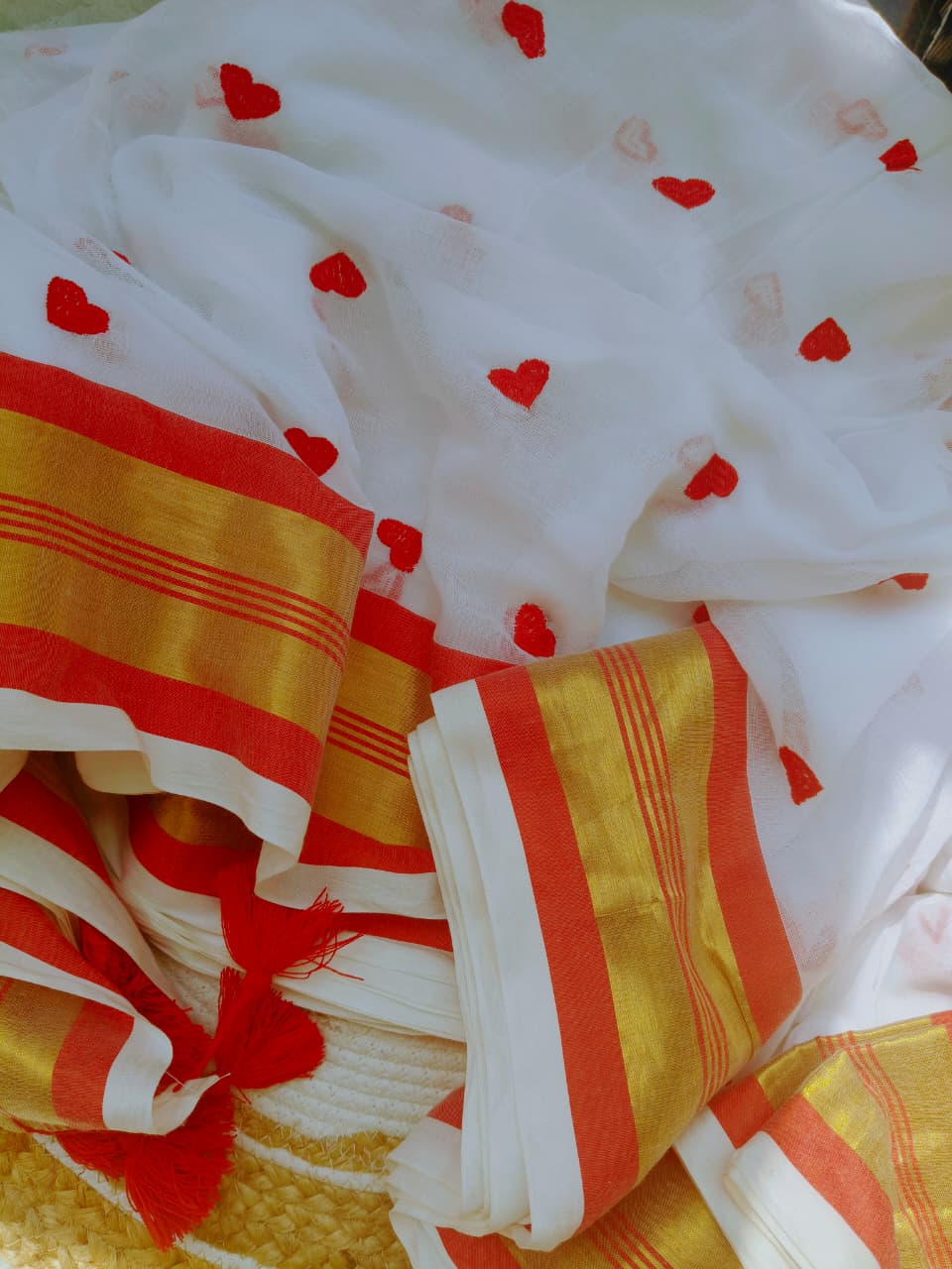 Red Love Embroidery Cotton Saree