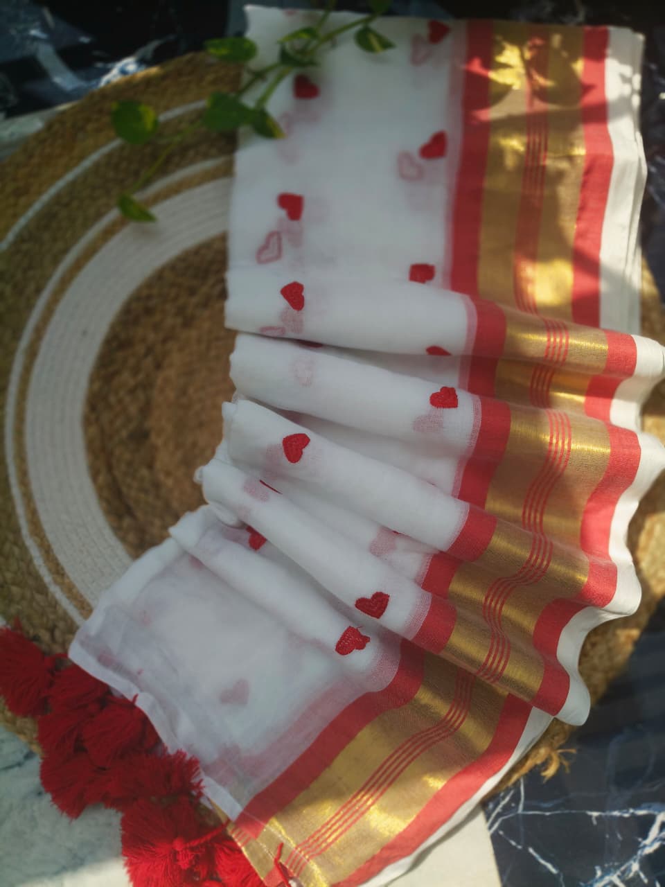 Red Love Embroidery Cotton Saree