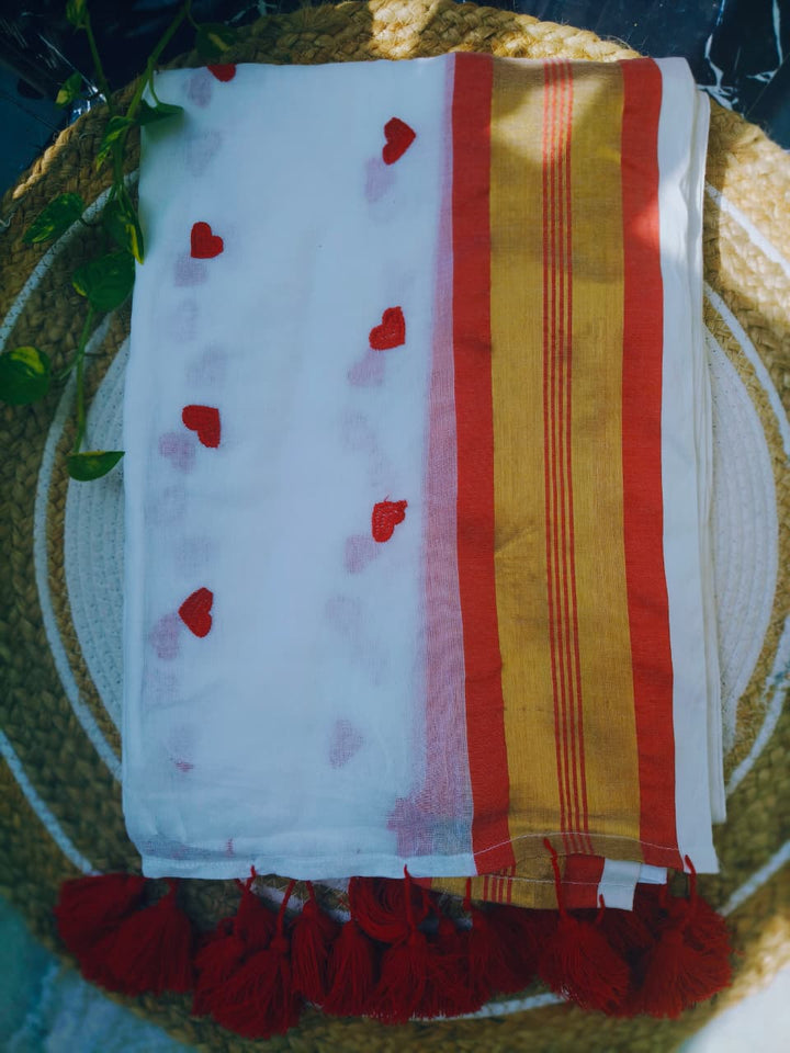 Red Love Embroidery Cotton Saree