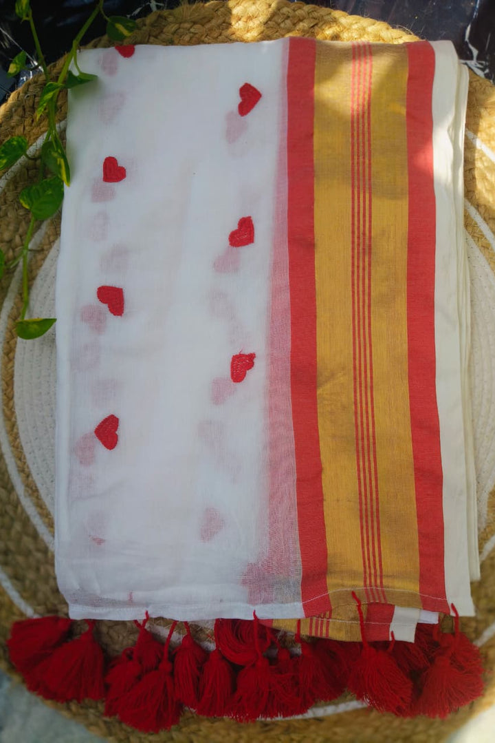 Red Love Embroidery Cotton Saree
