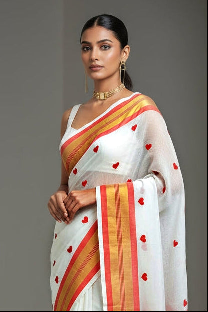 Red Love Embroidery Cotton Saree