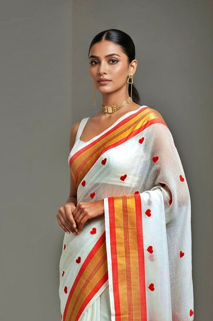Red Love Embroidery Cotton Saree