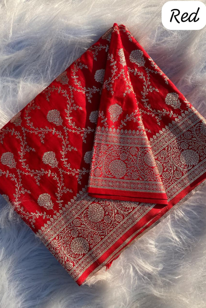 In Red Banarasi Mushru Satin Silk Saree
