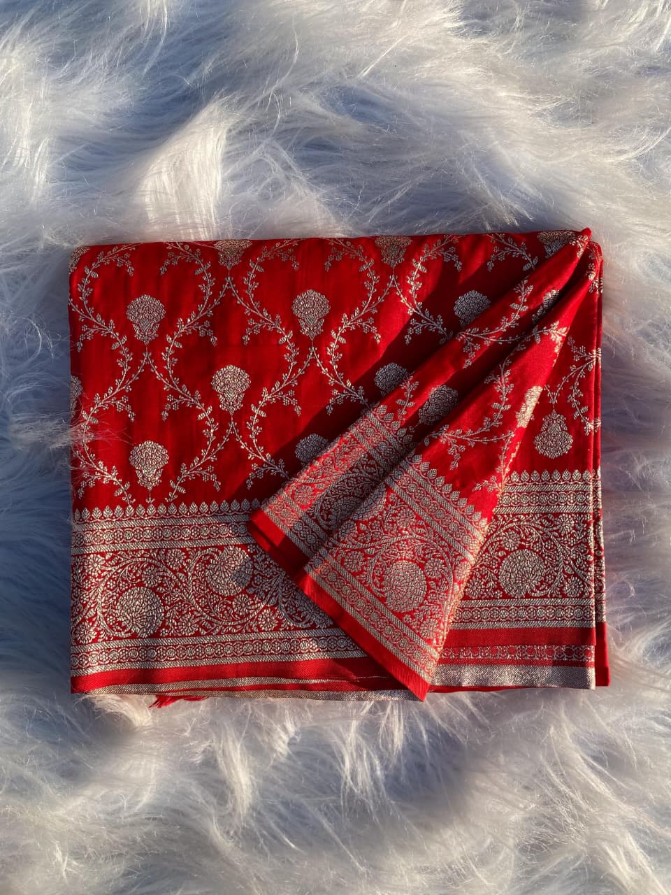 In Red Banarasi Mushru Satin Silk Saree