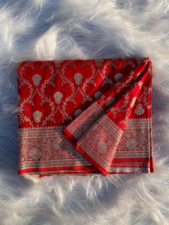 In Red Banarasi Mushru Satin Silk Saree