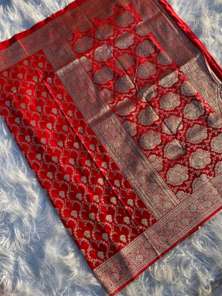 In Red Banarasi Mushru Satin Silk Saree