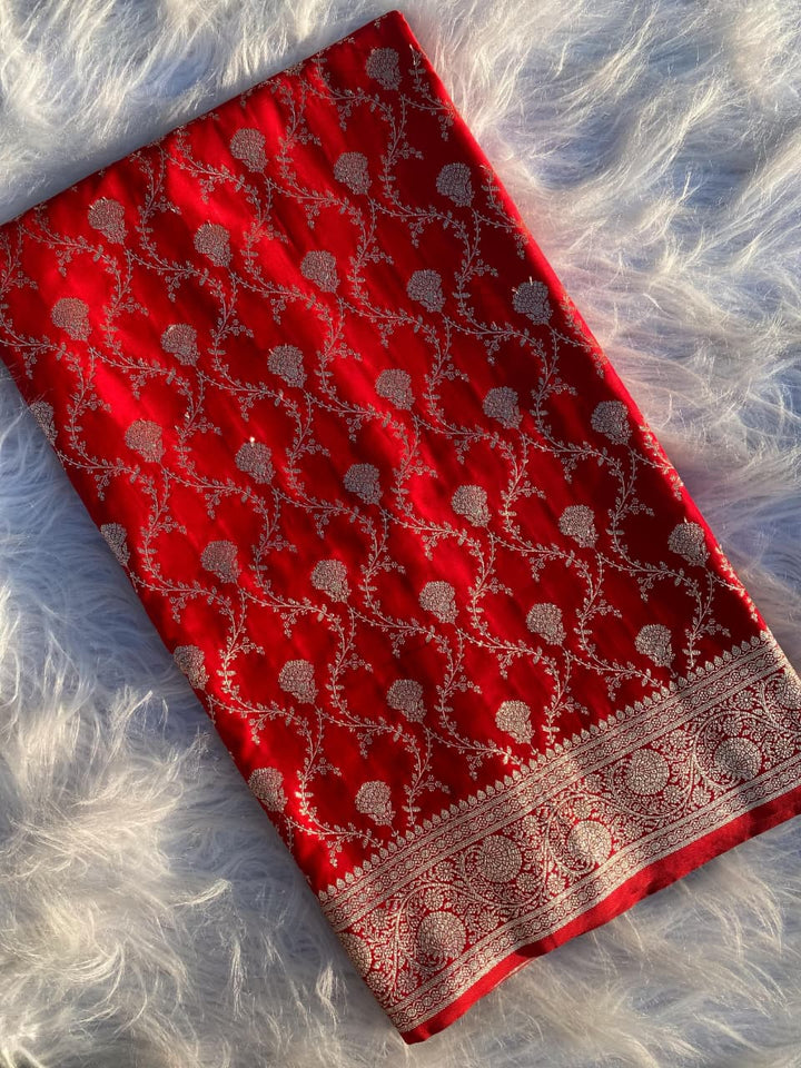 In Red Banarasi Mushru Satin Silk Saree