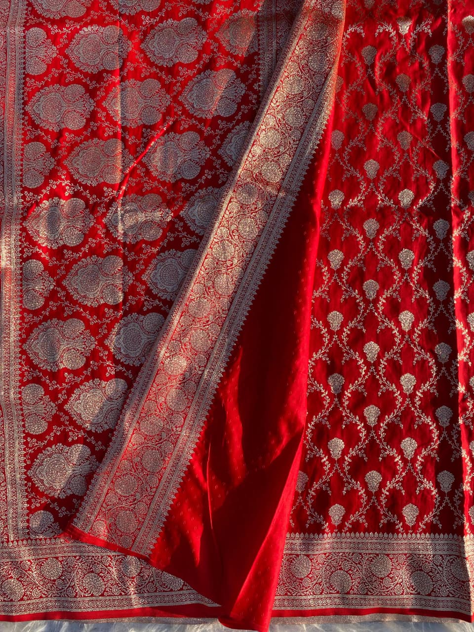 In Red Banarasi Mushru Satin Silk Saree