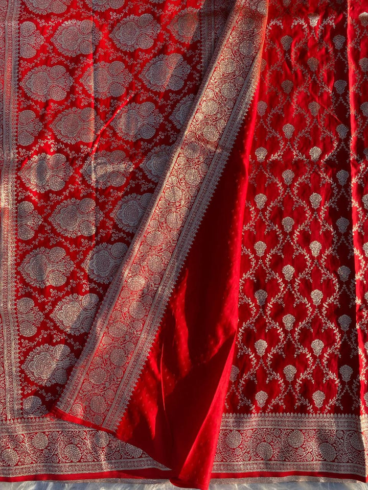 In Red Banarasi Mushru Satin Silk Saree