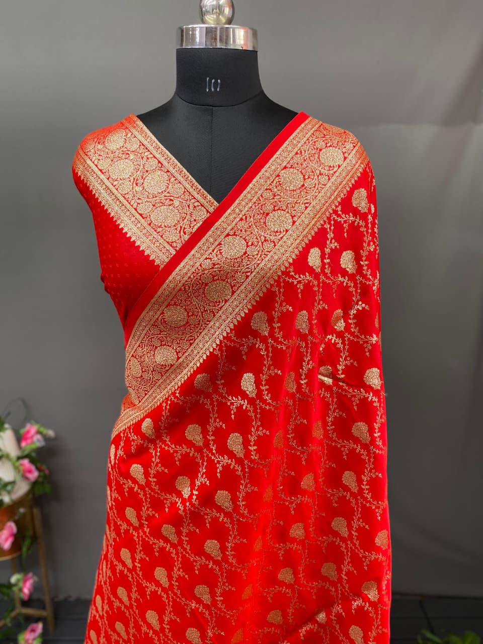 In Red Banarasi Mushru Satin Silk Saree