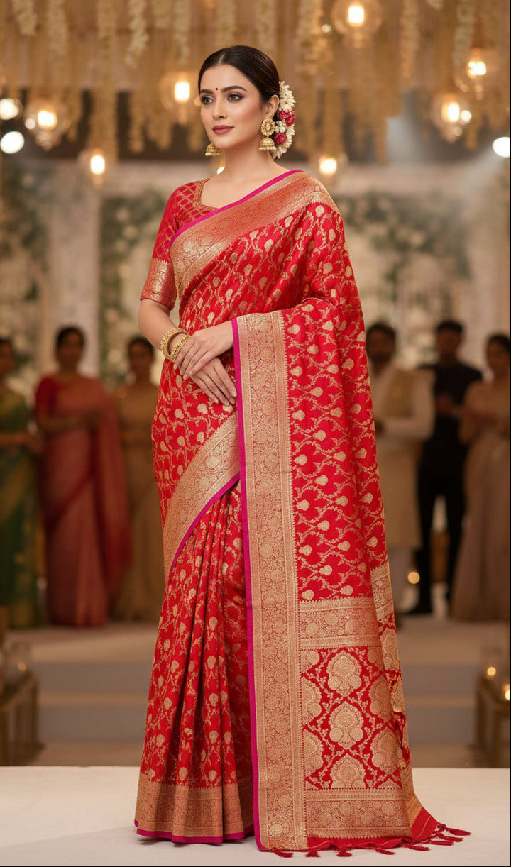 In Red Banarasi Mushru Satin Silk Saree