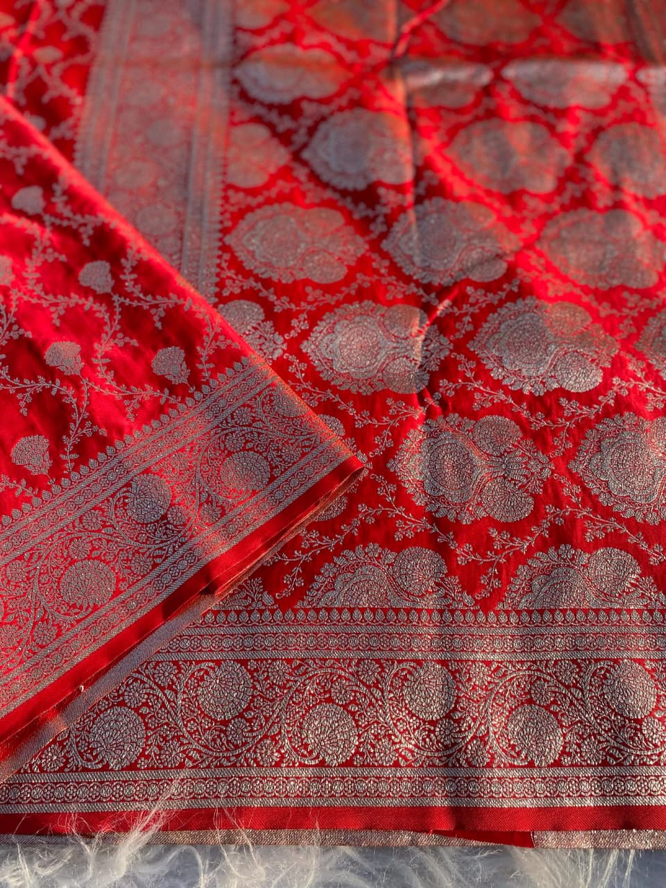 In Red Banarasi Mushru Satin Silk Saree