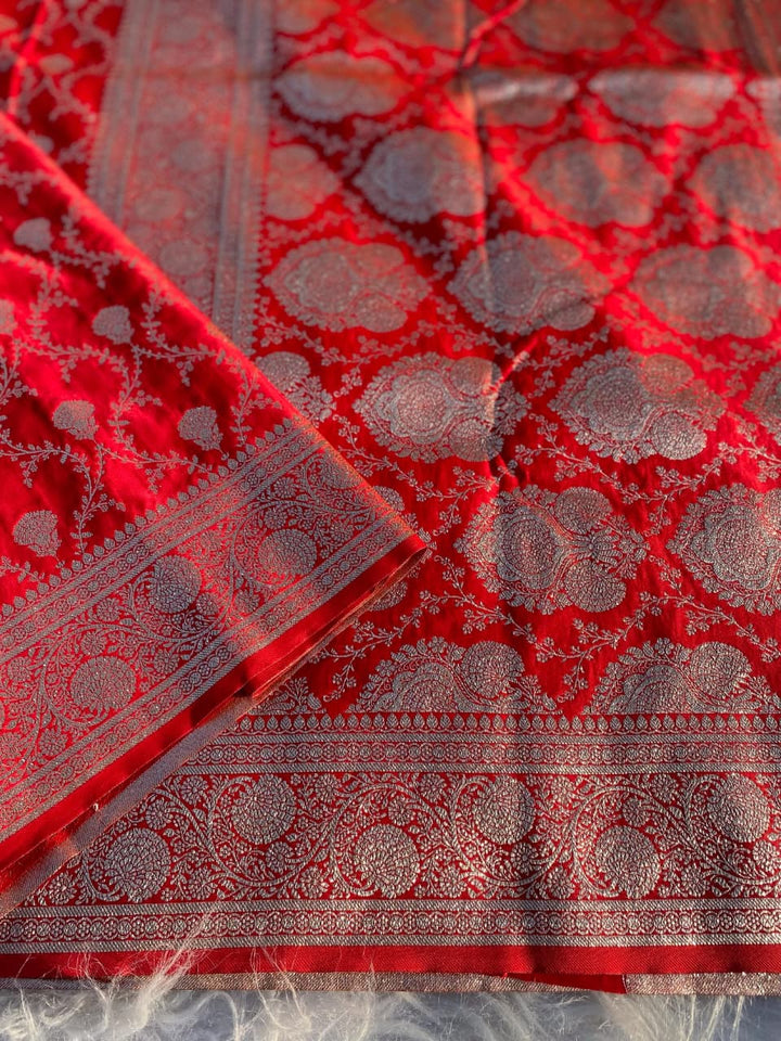 In Red Banarasi Mushru Satin Silk Saree