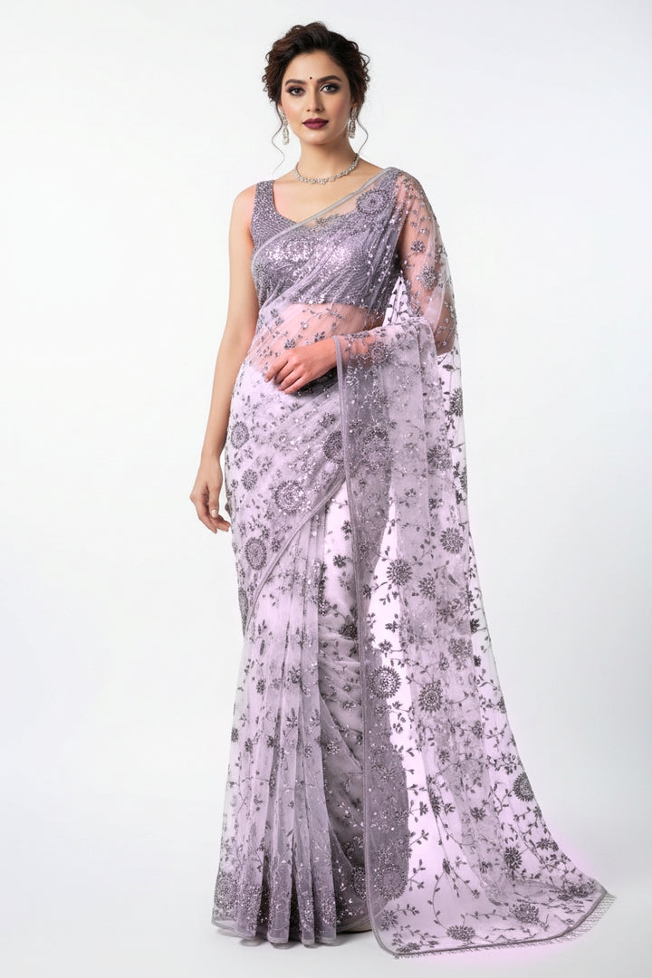 Starborne Grace Designer Net Saree( Lavender Grey Color)