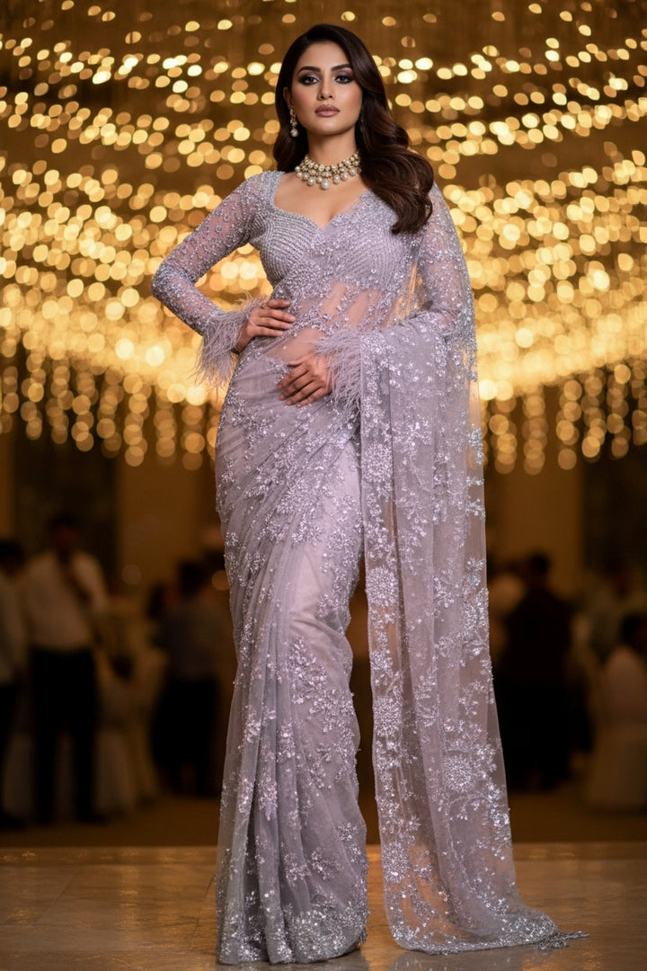 Starborne Grace Designer Net Saree( Lavender Grey Color)
