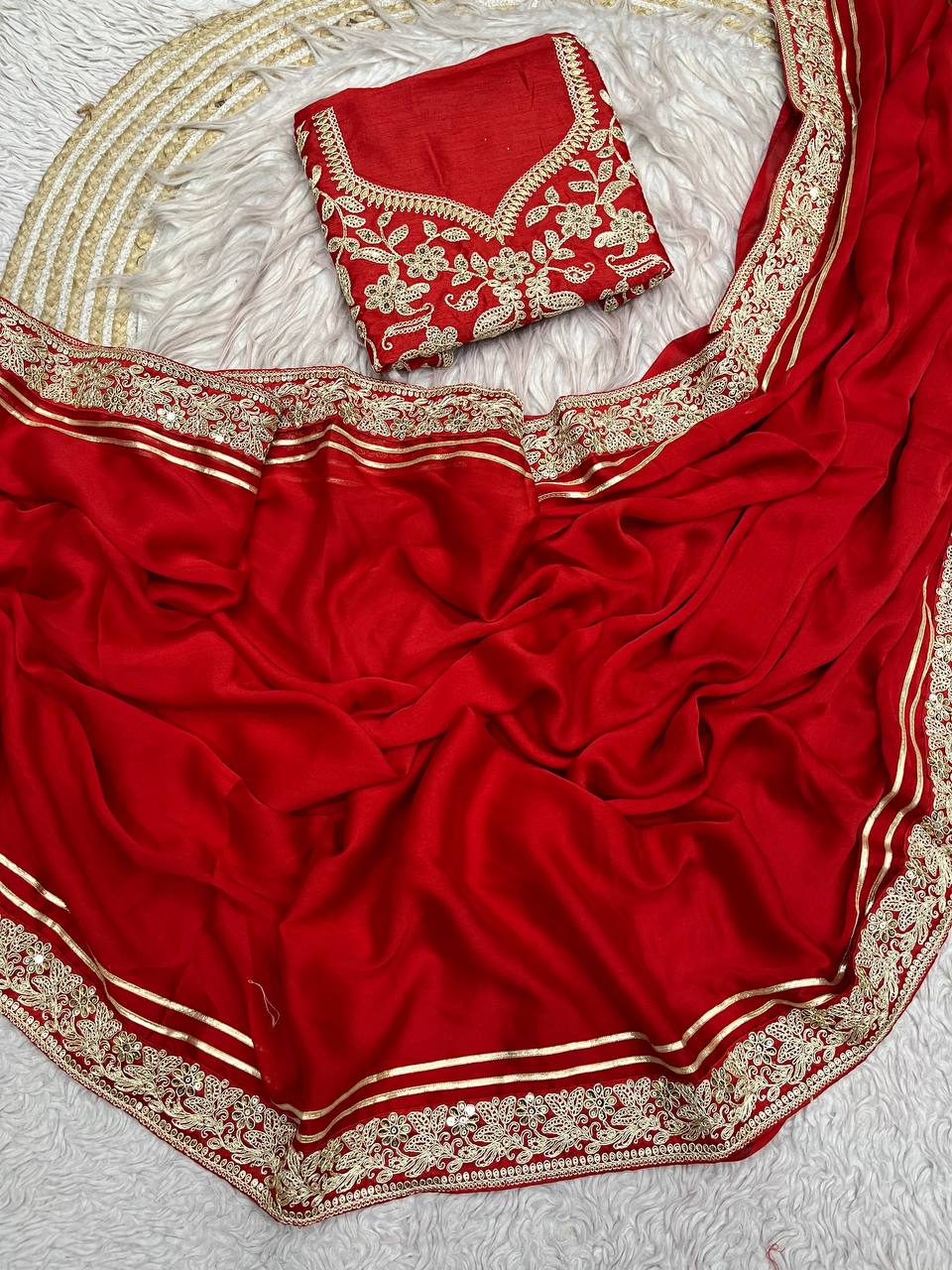 Red Gulmohar Rangoli Silk Saree