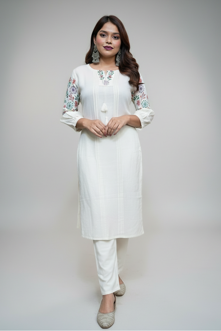 Crown Of White Cotton Kurti Set