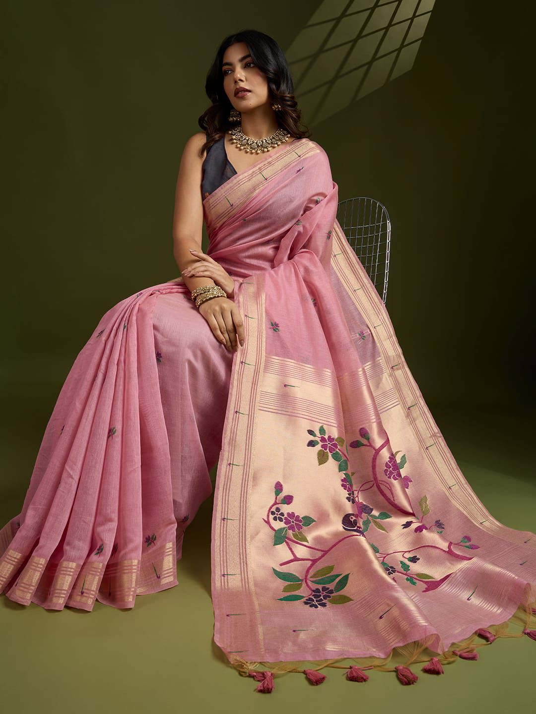 Plum Regalina Muga Cotton Paithani Saree