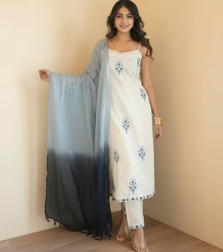 Sleeveless White Cotton Kurti Set