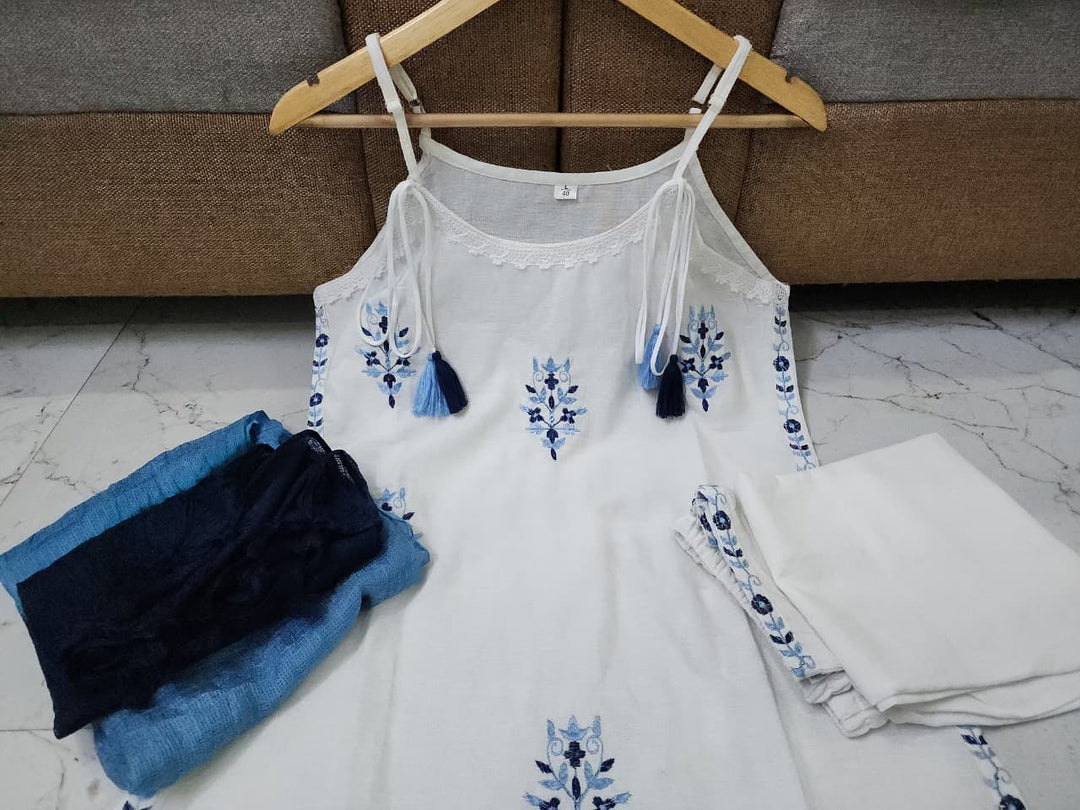 Sleeveless White Cotton Kurti Set