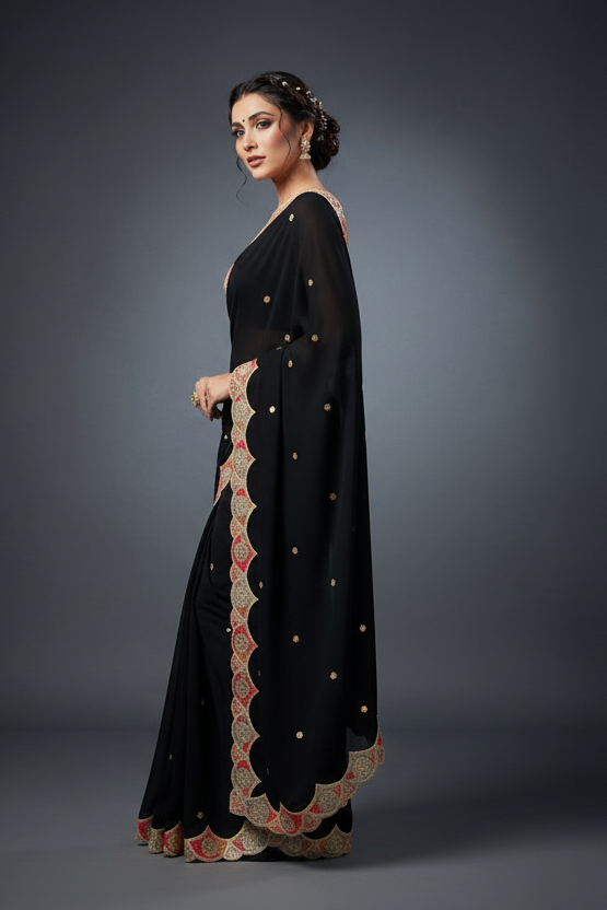 Black Forest Satin Georgette Silk Saree