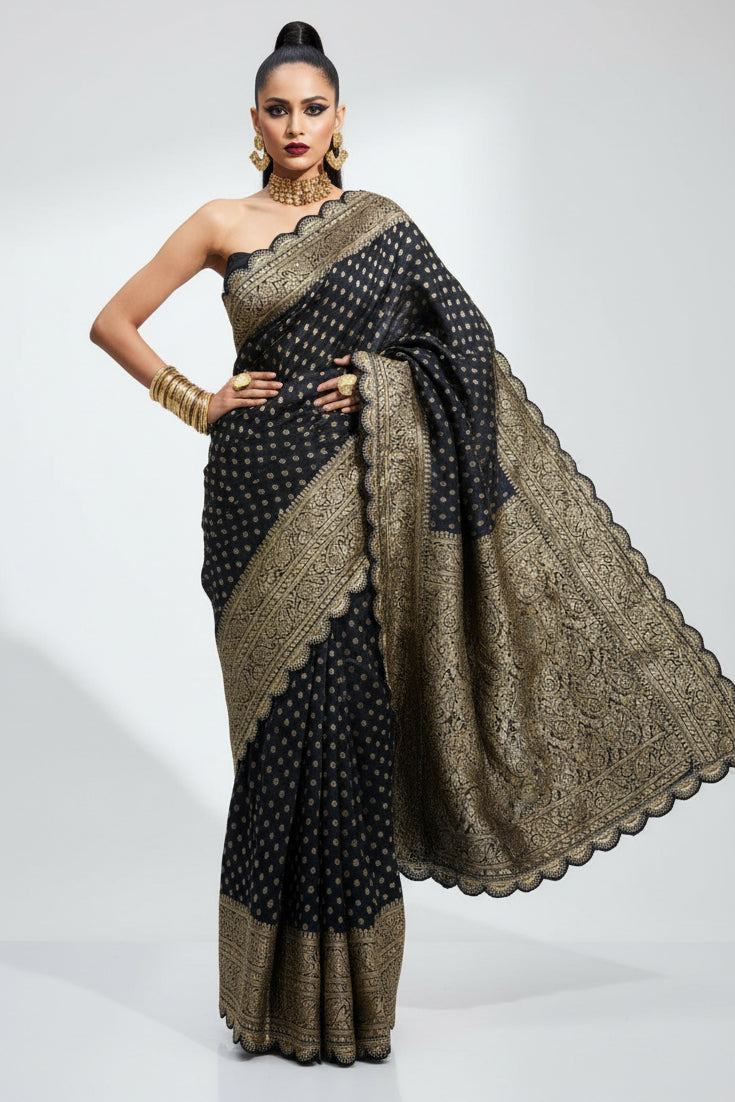 Black Bunch Crepe Khaddi Silk Saree
