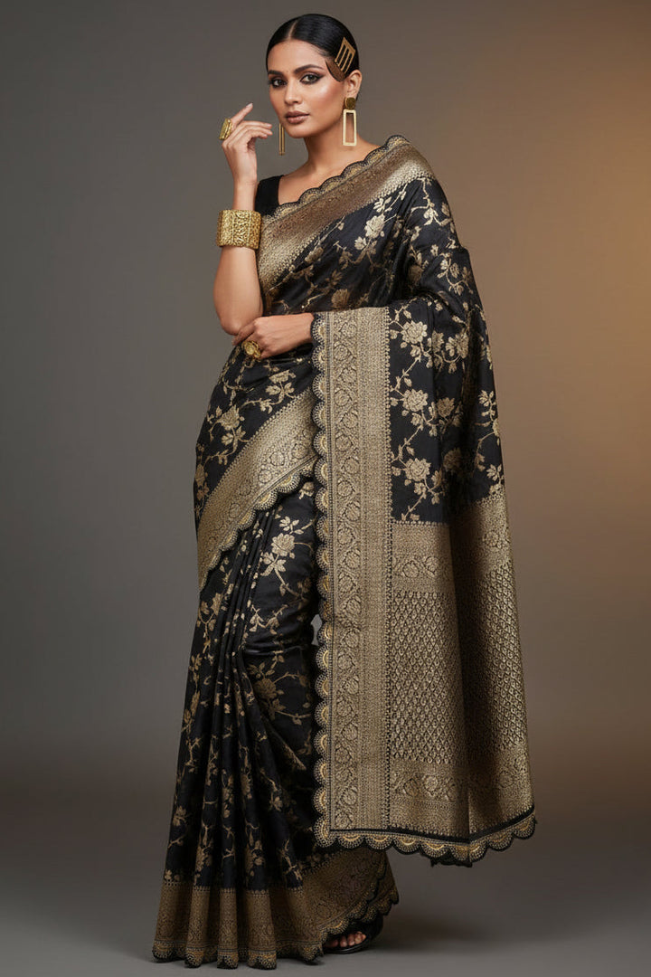 Black Bunch Crepe Khaddi Silk Saree