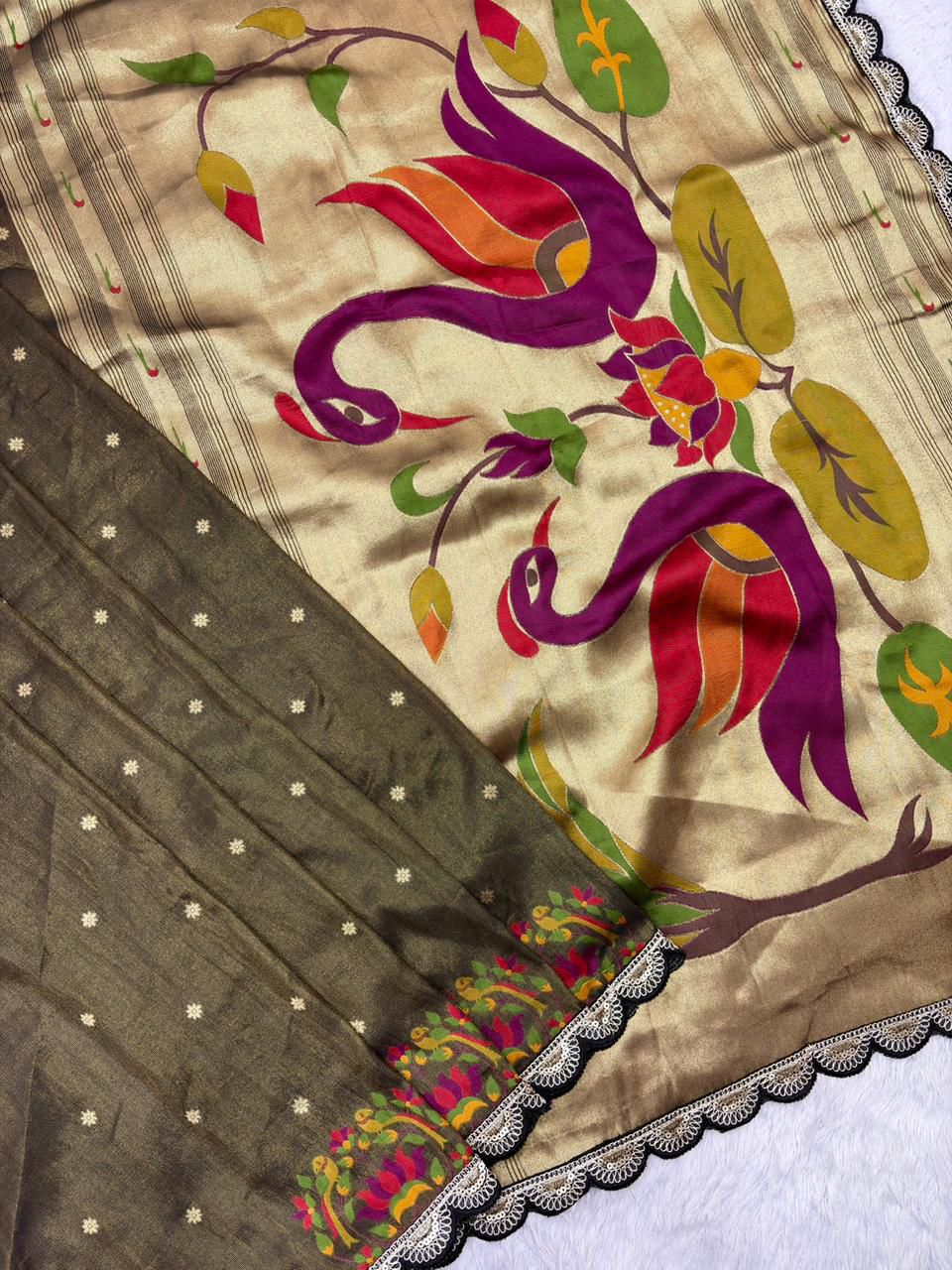 Wildfowl Design Tissue Silk Saree