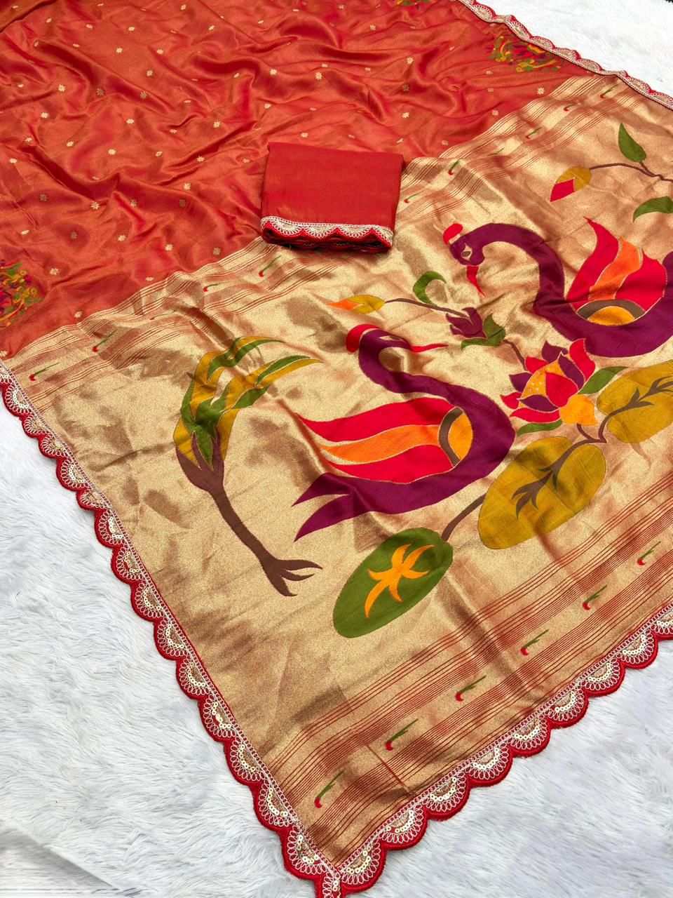 Wildfowl Design Tissue Silk Saree