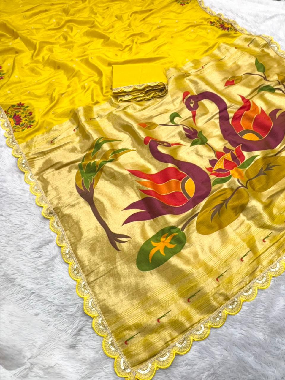 Wildfowl Design Tissue Silk Saree