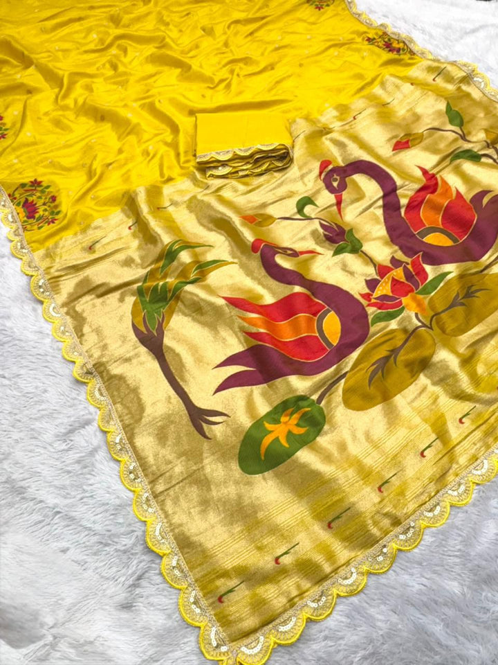 Wildfowl Design Tissue Silk Saree