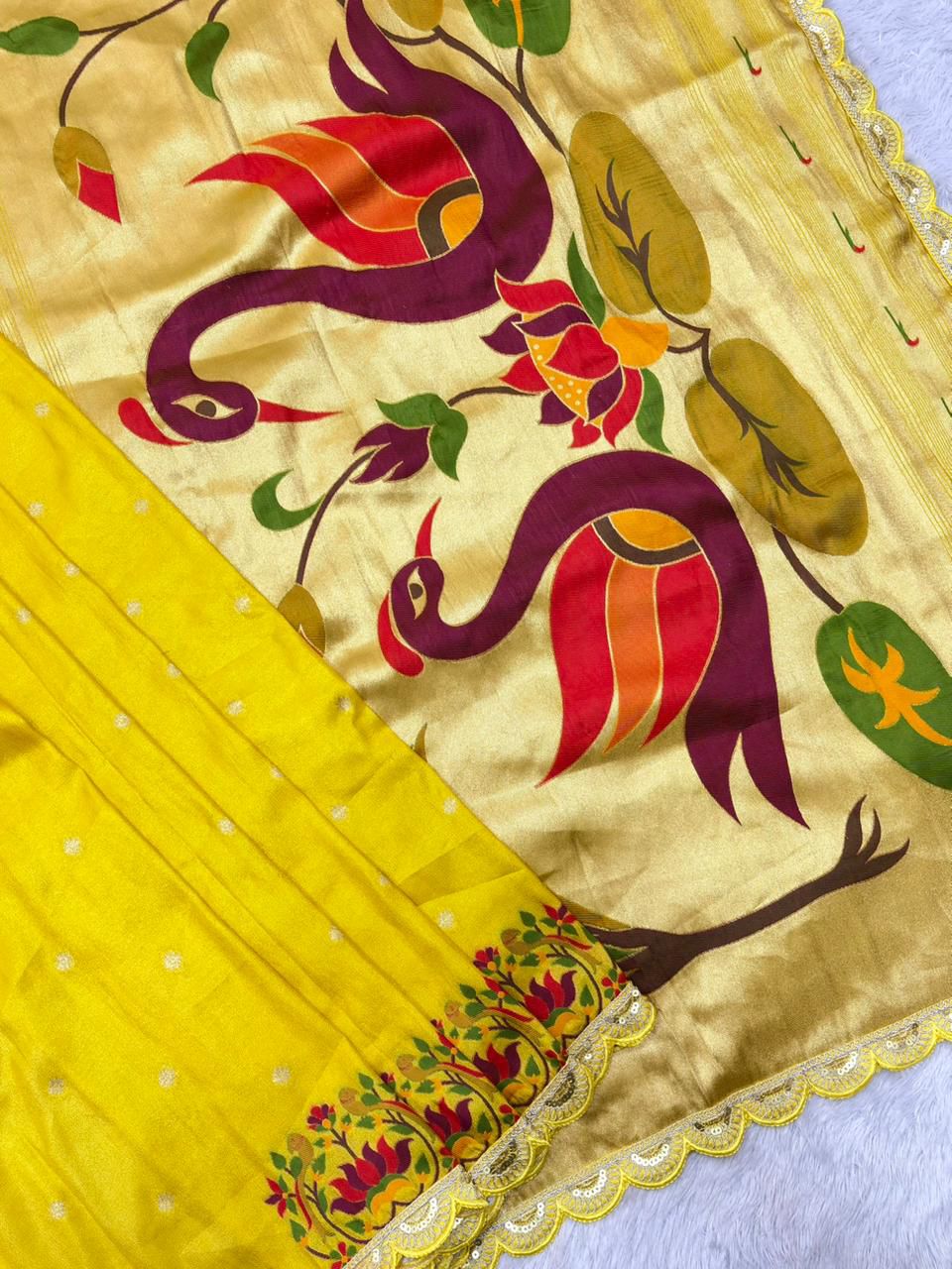 Wildfowl Design Tissue Silk Saree