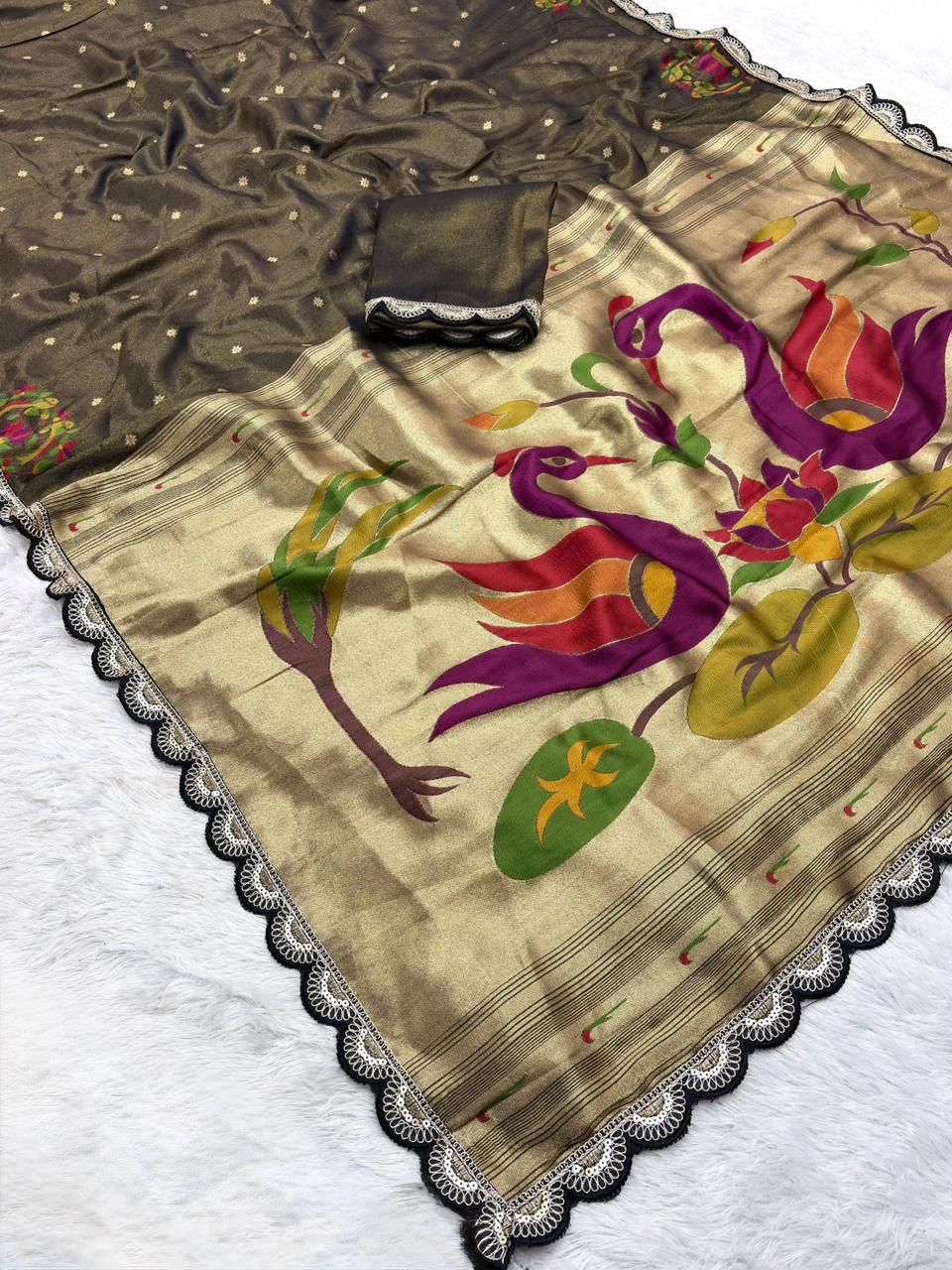 Wildfowl Design Tissue Silk Saree