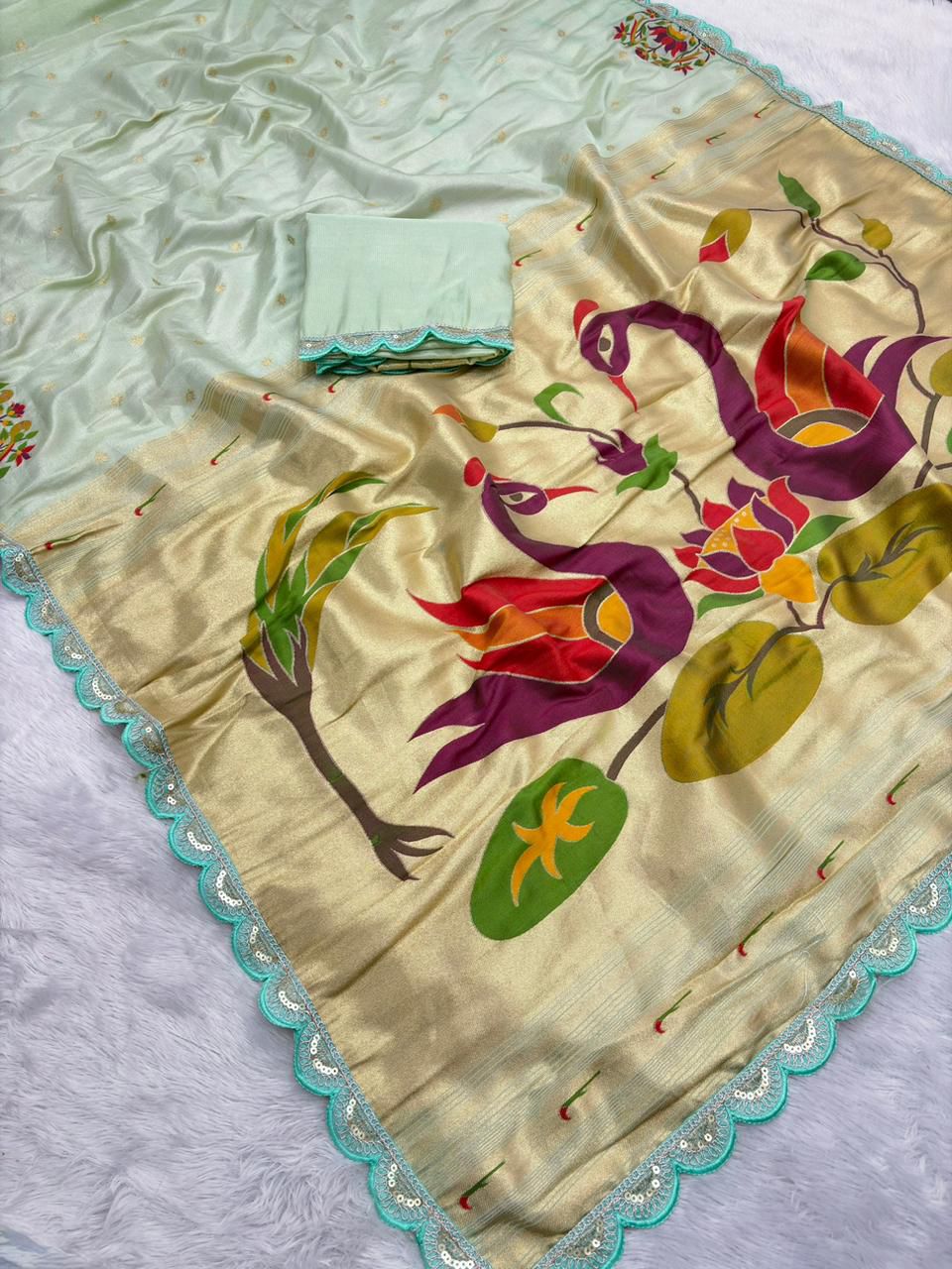 Wildfowl Design Tissue Silk Saree
