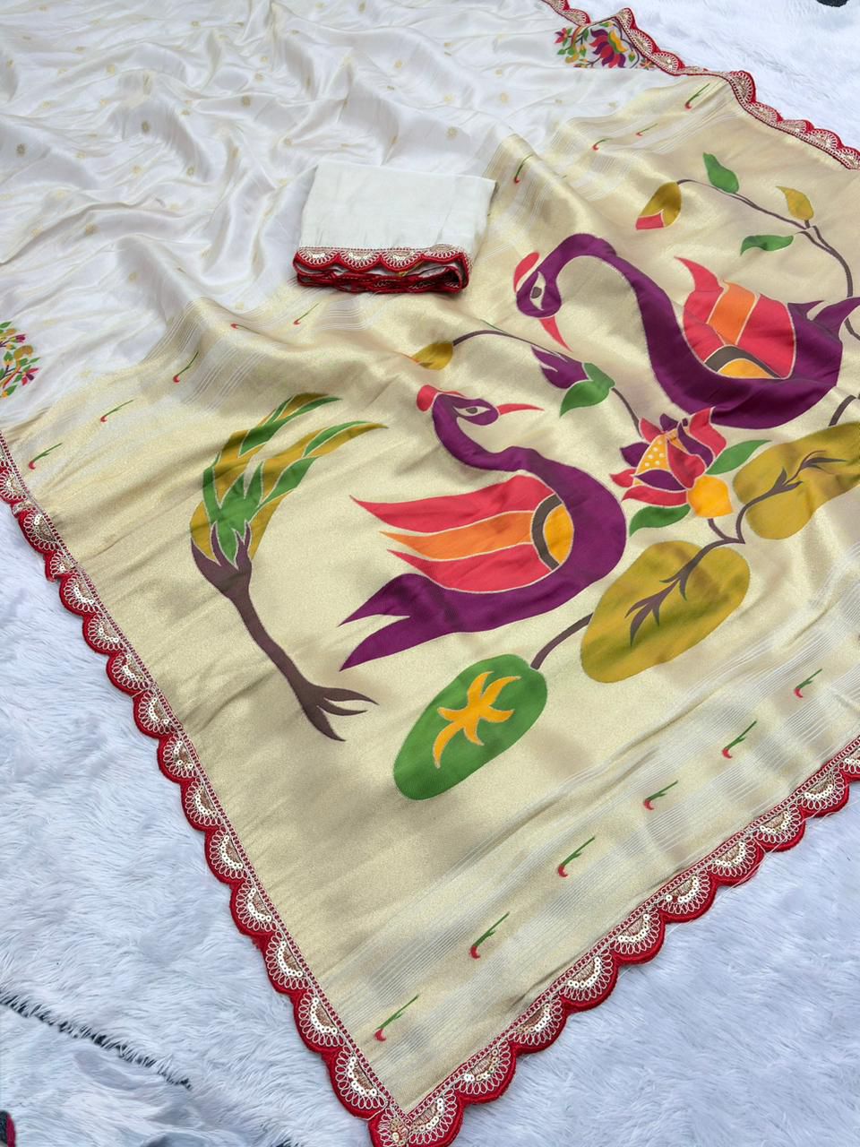 Wildfowl Design Tissue Silk Saree