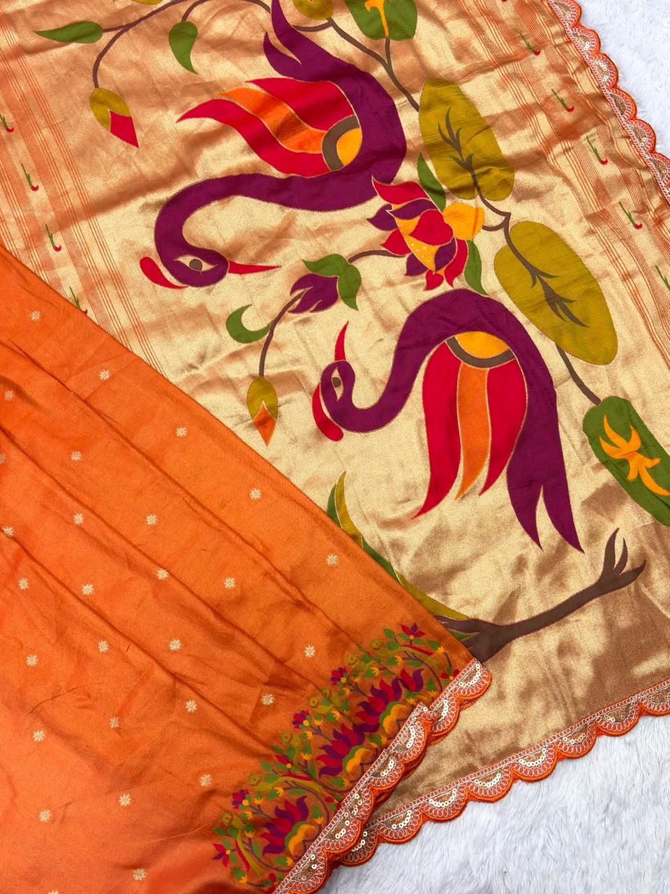 Wildfowl Design Tissue Silk Saree