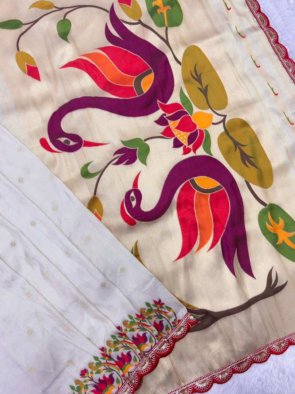 Wildfowl Design Tissue Silk Saree
