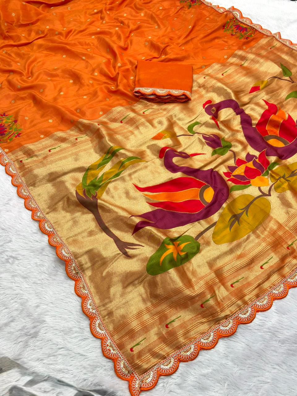 Wildfowl Design Tissue Silk Saree