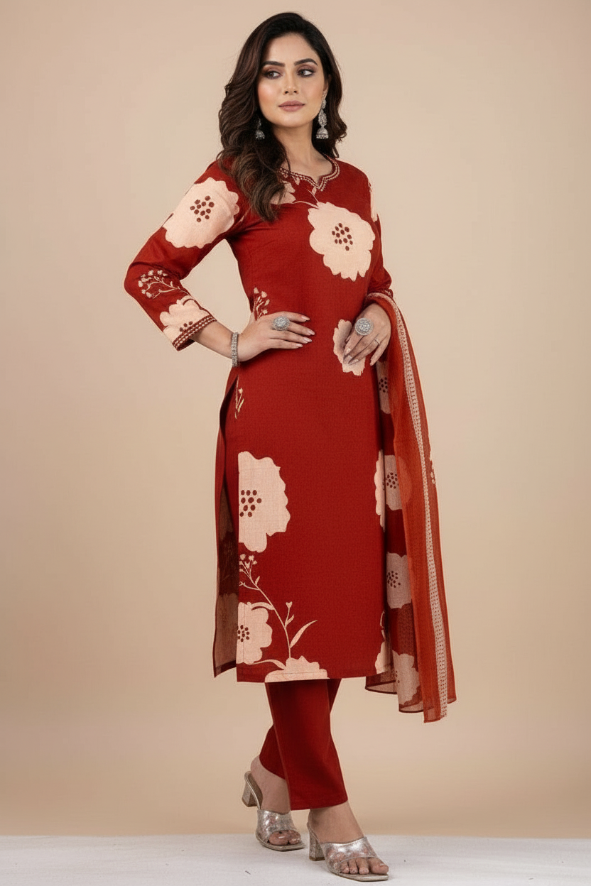 Clay Petals Cotton Kurti Set